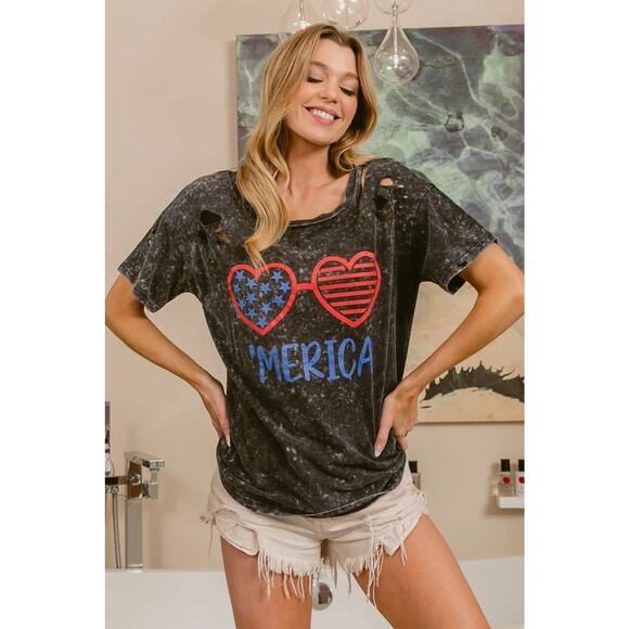 BiBi 4th Of July Theme Mineral Washed Laser Cut Round Neck Top | Black Charcoal - Picture 2 of 11